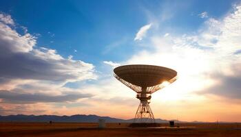 ai gegenereerd zonsondergang silhouet, radio telescoop onderzoekt natuur communicatie gegenereerd door ai foto