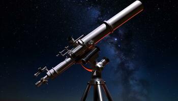 ai gegenereerd aan het kijken de nacht lucht met een hand- gehouden telescoop gegenereerd door ai foto