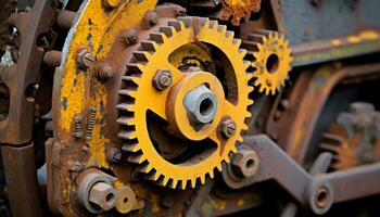 ai gegenereerd staal machinerie draaien, samenspel in elkaar grijpend, oud fashioned industrieel uitrusting gegenereerd door ai foto