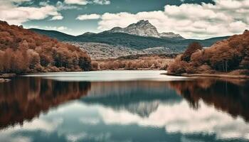 ai gegenereerd majestueus berg top weerspiegelt in rustig vijver gegenereerd door ai foto