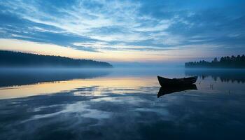 ai gegenereerd zonsondergang over- rustig water, reflecterend nautische vaartuig silhouet gegenereerd door ai foto