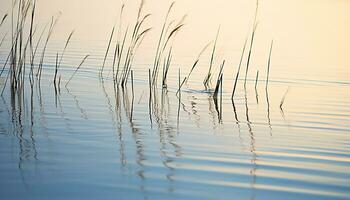 ai gegenereerd rustig tafereel, water weerspiegelt zonsondergang, natuur schoonheid gegenereerd door ai foto