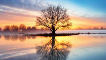 ai gegenereerd rustig tafereel, zonsondergang weerspiegelt Aan rustig water gegenereerd door ai foto