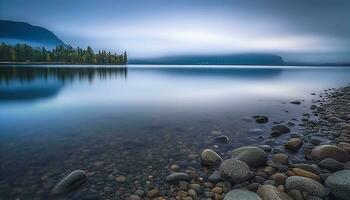 ai gegenereerd rustig tafereel van berg reflectie in kalmte water gegenereerd door ai foto