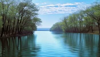 ai gegenereerd rustig tafereel van een boom reflecterend in water gegenereerd door ai foto