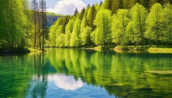 ai gegenereerd rustig tafereel van een groen Woud reflecterend in water gegenereerd door ai foto