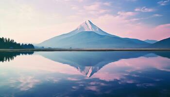 ai gegenereerd majestueus berg top weerspiegelt rustig zonsondergang over- water gegenereerd door ai foto