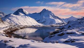 ai gegenereerd sneeuw afgedekt bergen reflecteren in rustig ijzig wateren gegenereerd door ai foto