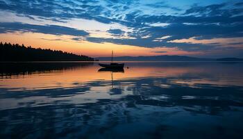 ai gegenereerd zonsondergang over- rustig water, zeilboot glijdt door gegenereerd door ai foto