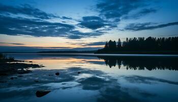 ai gegenereerd rustig tafereel, zonsondergang over- water, reflecterend natuur schoonheid gegenereerd door ai foto