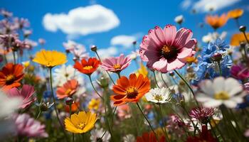 ai gegenereerd levendig weide bloesems in de zomer zonlicht gegenereerd door ai foto