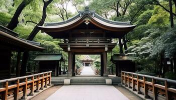 ai gegenereerd oude pagode staat hoog in rustig Japans landschap gegenereerd door ai foto