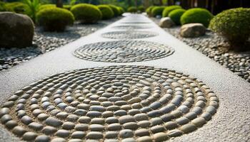 ai gegenereerd steen cirkel patroon Aan gras in formeel tuin gegenereerd door ai foto