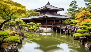 ai gegenereerd oude pagode weerspiegelt kalmte in Japans formeel tuin, gegenereerd door ai foto