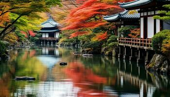 ai gegenereerd herfst schoonheid weerspiegeld in rustig Japans vijver, gegenereerd door ai foto