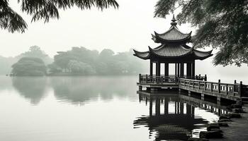 ai gegenereerd oude pagode weerspiegelt in rustig water, Peking's schoonheid, gegenereerd door ai foto