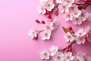 ai gegenereerd kers bloesem bloemen Aan roze achtergrond banier met bloemen Aan licht roze achtergrond. groet kaart sjabloon voor bruiloften, moeders of vrouwen dag. ai gegenereerd foto