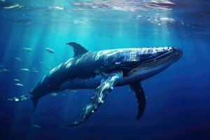 ai gegenereerd walvis zwemmen in de blauw oceaan, onderwater- tafereel. 3d veroorzaken, sperma walvis zwemmen onderwater, ai gegenereerd foto