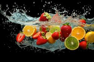 ai gegenereerd vers fruit spatten in Doorzichtig water, vers fruit in Doorzichtig water plons achtergrond ai gegenereerd foto