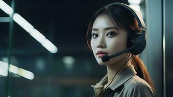 ai gegenereerd jong Aziatisch meisje ondersteuning arbeider met een koptelefoon in de verkoudheid licht van kantoor lampen foto
