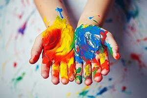 ai gegenereerd kinderen handen gedekt met verf levendig kleuren foto