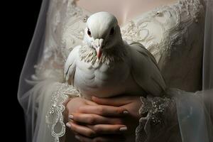 ai gegenereerd detailopname van een wit duif in handen van bruid foto