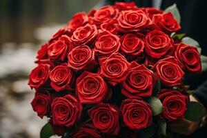 ai gegenereerd reusachtig mooi boeket van rood rozen in de mannetje handen foto