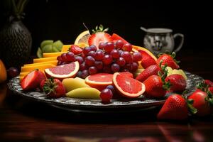 ai gegenereerd fruit Aan bord, fruit decoratie klaar naar eten, vers fruit verscheidenheid Aan dienblad gezond aan het eten eetpatroon voedsel ai gegenereerd foto