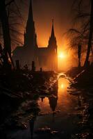 ai gegenereerd verticaal beeld landschap met een eenzaam geruïneerd verlaten kerk Bij zonsondergang foto