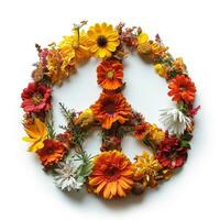 ai gegenereerd vrede teken gemaakt van kleurrijk bloemen Aan een wit achtergrond, liefde en vrede concept foto