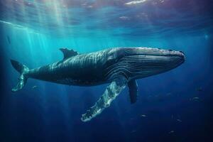 ai gegenereerd walvis zwemmen in de blauw oceaan, onderwater- tafereel. 3d veroorzaken, sperma walvis zwemmen onderwater, ai gegenereerd foto