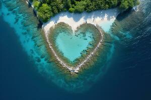 ai gegenereerd hart vormig lagune Aan een strand Aan paradijs tropisch eiland omringd door turkoois zee, antenne visie foto