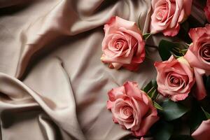 ai gegenereerd roze rozen kader Aan beige textiel achtergrond top visie, mooi bloemen sjabloon met kopiëren ruimte foto