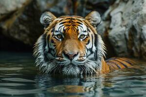 ai gegenereerd portret van tijger zwemt in water van een vijver foto