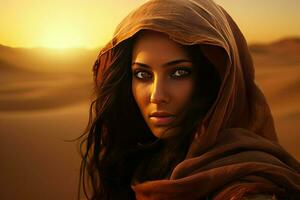 ai gegenereerd portret van een jong moslim vrouw in een hijab in de woestijn tegen de zonsondergang, Arabisch Dames gezicht tegen de zonsondergang ai gegenereerd foto