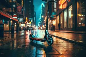 ai gegenereerd elektrisch scooter Aan een stad nacht straat, elektrisch scooter in de stad landschap, staand Aan de weg, elektrisch scooter in de stad, ai gegenereerd foto