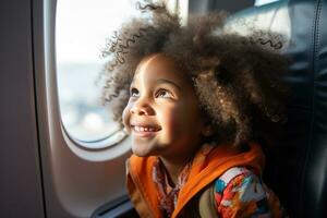 ai gegenereerd aanbiddelijk weinig Afrikaanse Amerikaans meisje met afro kapsel glimlachen en op zoek uit de vliegtuig venster foto