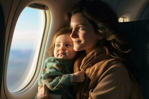 ai gegenereerd jong vrouw moeder met haar baby op zoek uit de vliegtuig venster foto