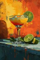 ai gegenereerd verticaal illustratie van een glas van margarita cocktail met groen limoenen Aan een oranje achtergrond. wijnoogst olie schilderij poster ontwerp foto