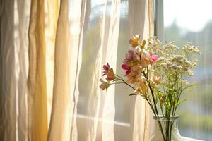 ai gegenereerd pastel gekleurde gordijn en vaas met voorjaar bloemen Aan zonnig achtergrond. generatief ai foto