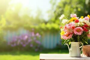 ai gegenereerd buitenshuis tuinieren gereedschap en bloemen. voorjaar in de tuin. generatief ai foto