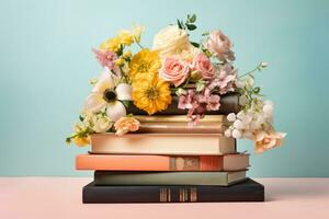 ai gegenereerd stack van boeken versierd met vers bloemen. concept van ontspanning en lezing. generatief ai foto