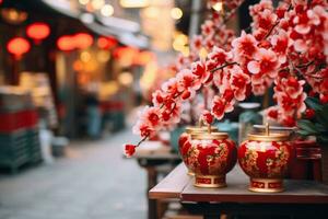 ai gegenereerd marktplaatsen gevulde met Chinese nieuw jaar rood decoraties, bloemen en feestelijk artikelen. buitenshuis ornamenten decoraties. generatief ai foto