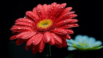 ai gegenereerd levendig gerbera madeliefje in nat dichtbij omhoog donker achtergrond foto