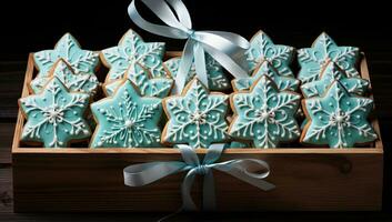 ai gegenereerd Kerstmis koekjes in een houten doos Aan een donker achtergrond. afgezwakt. ai gegenereerd. foto