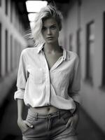 ai gegenereerd mooi jong vrouw model- poseren in oud denim jeans en overhemd in zwart en wit portret foto