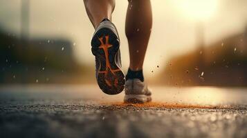 ai gegenereerd atleet schoenen terwijl rennen in de weg. werkwijze, marathon, worstelen, gezond, winnaar, jogging foto