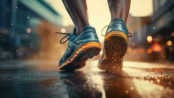 ai gegenereerd atleet schoenen terwijl rennen in de weg. werkwijze, marathon, worstelen, gezond, winnaar, jogging foto