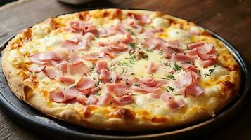 ai gegenereerd bloemloos pizza met ham en room foto