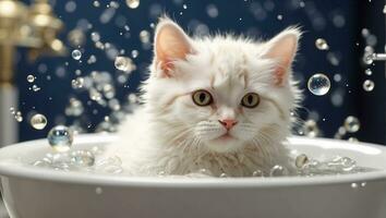 ai gegenereerd schattig grappig tekenfilm kat baadt in een bekken met zeep bubbels foto